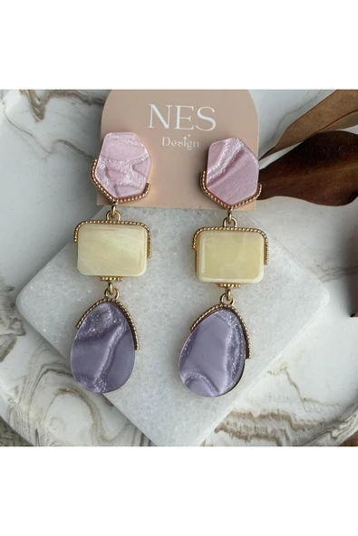 nesdesign Üçlü Pembe Mor Mermer Desenli Marka Küpe ürün görseli 1