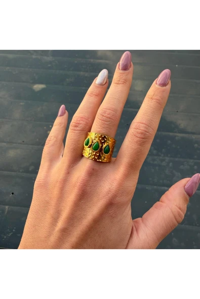 nesdesign Çelik Üç Yeşil Damla Taşlı Ayarlanabilir Yüzük ürün görseli 1