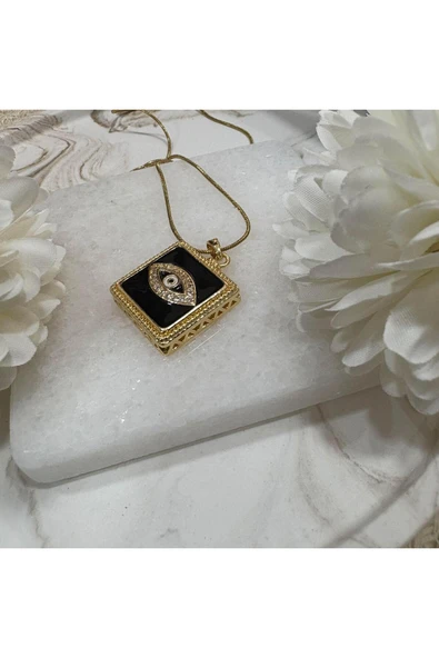 nesdesign Çelik Siyah Gözlü Kare Plaka Kolye (47 cm) - Resim 2