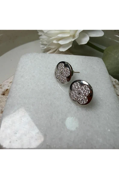 nesdesign Altın Kaplama Taşlı Yonca Düğme Küpe - Resim 2