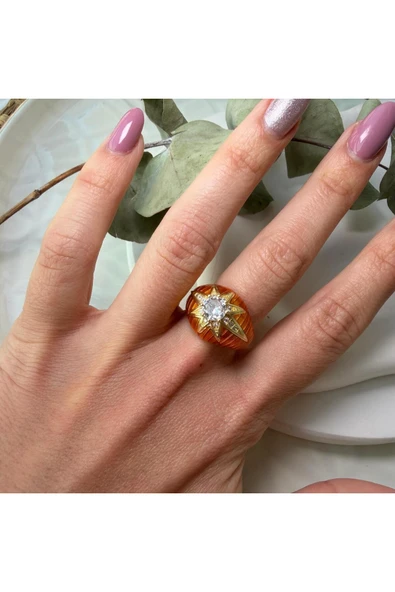 nesdesign Kuzey Yıldızlı Taşlı Turuncu Bombeli Yüzük - Resim 3