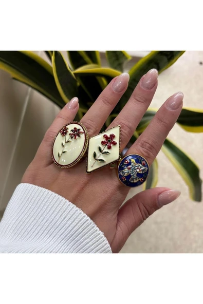 nesdesign ZR 3'lü Çiçek ve Kuş Detaylı Vintage Yüzük Zeti - Resim 3