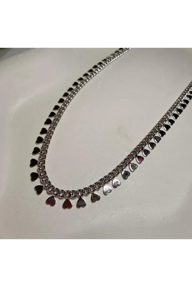 nesdesign Altın Kaplama Kalp Pullu Gümüş Renk Zincir Kolye (45+5 cm) - Resim 2