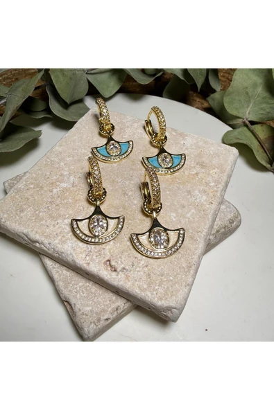 nesdesign Oval Taşlı Ekru Mineli Sallantılı Yelpaze Küpe - Resim 2