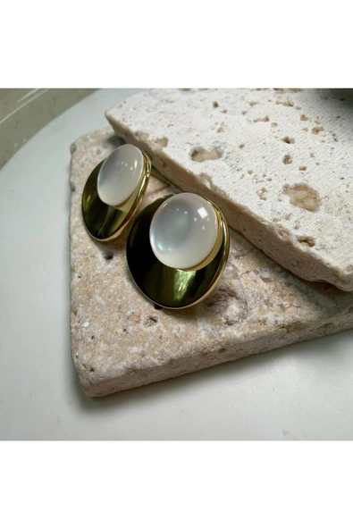 nesdesign Çelik Beyaz Taşlı Gold Yuvarlak Küpe - Resim 2