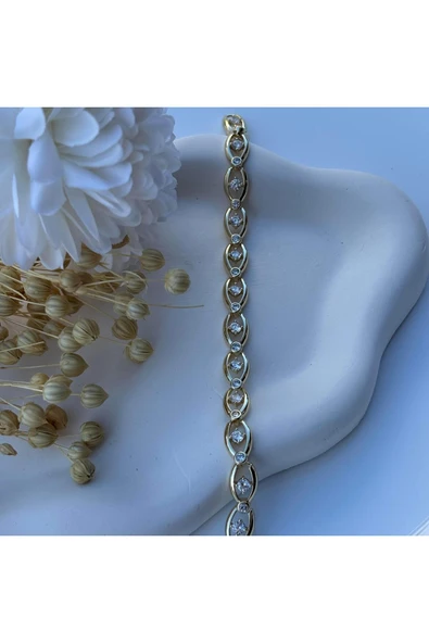 nesdesign 14K Özel Seri Zirkon Taşlı Oval Zincir Bileklik (17+2 cm) - Resim 2