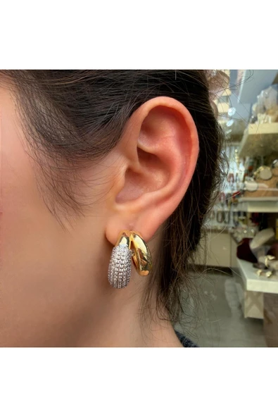 nesdesign İkili Taşlı Bombeli C Model Gold Küpe ürün görseli 1