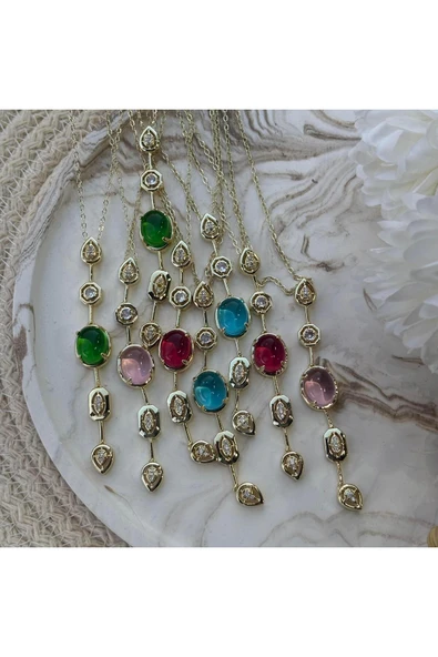 nesdesign Koyu Pembe Taşlı Y Kolye (50 cm) - Resim 2