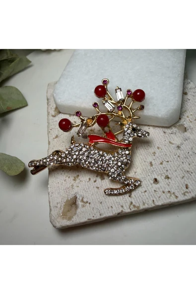 nesdesign Taşlı Kırmızı Toplu Geyik Yılbaşı Broş ürün görseli 1