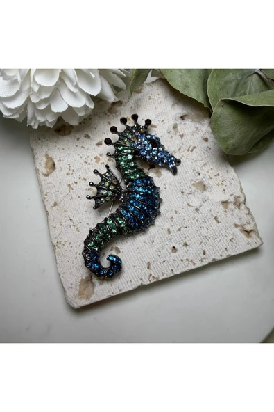 nesdesign Mavi Yeşil Taşlı Deniz Atı Broş ürün görseli 1