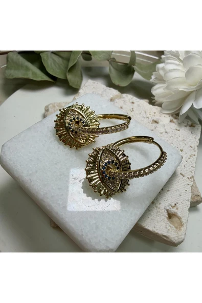 nesdesign Altın Kaplama Mavi Taşlı Sallantılı Göz Küpe ürün görseli 1
