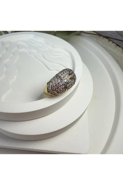 nesdesign Gri Tırnaklı Gold Çizgi Detaylı Bombeli Ayarlanabilir Yüzük - Resim 2