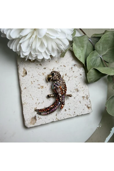 nesdesign Bronz Dal Üstü Pembe Taşlı Papağan Broş ürün görseli 1