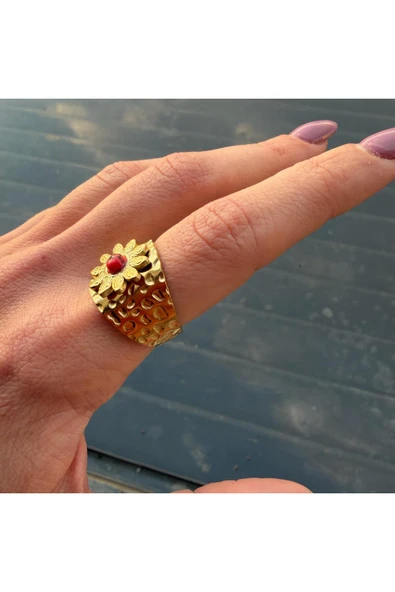nesdesign Çelik Kırmızı Taşlı Çiçek Figürlü Ayarlanabilir Yüzük - Resim 2