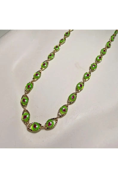 nesdesign Altın Kaplama Yeşil Mor Yapraklı Boncuklu Zincir Kolye (45 cm) ürün görseli 1