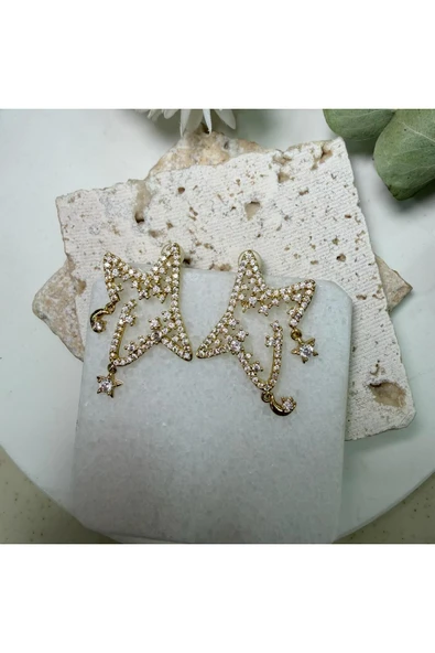 nesdesign Zirkon Taşlı Gold Ay Yıldız Sallantılı Şık Küpe ürün görseli 1