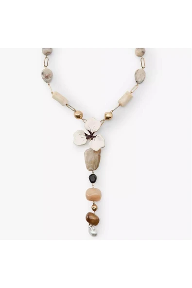 nesdesign ZR Beyaz Çiçekli Akrilik Boncuk Y Kolye (51cm) - Resim 2