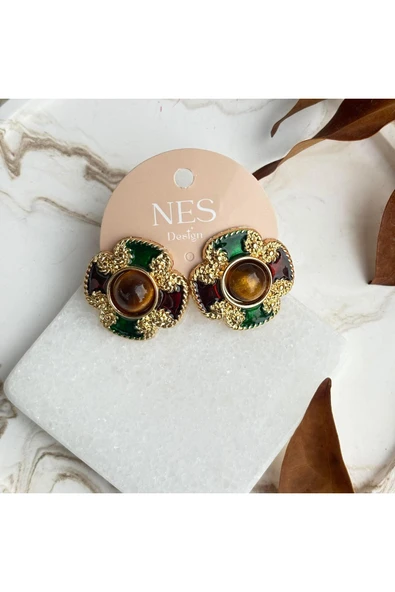nesdesign Kahve Yeşil Renkli Vintage Küpe ürün görseli 1