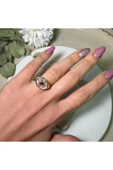 nesdesign Pembe Zirkon Taşlı Gold Göz Yüzük ürün görseli 1