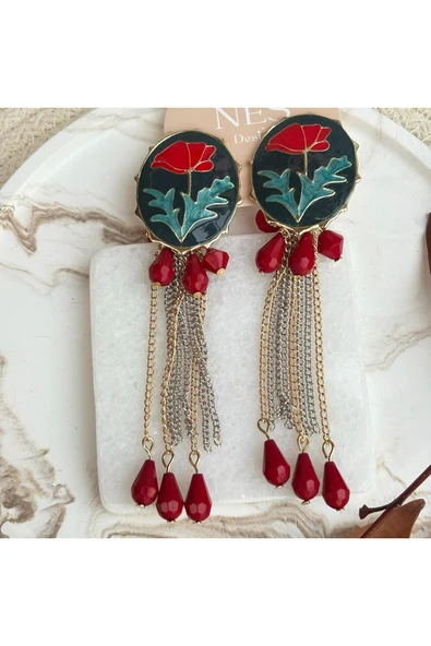 nesdesign Kırmızı Gelincik Mineli Boncuklu ZR Model Küpe - Resim 3