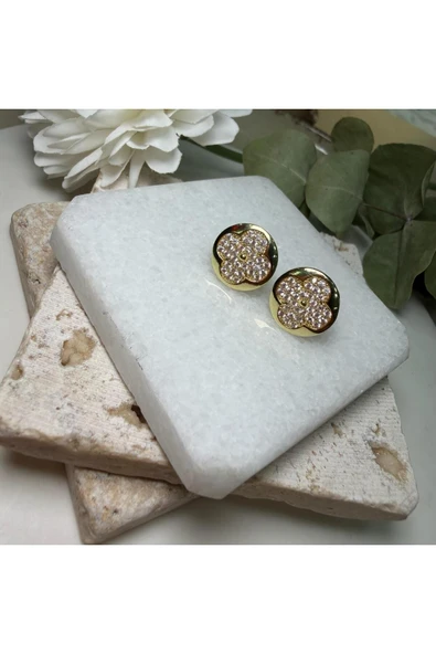 nesdesign Altın Kaplama Taşlı Gold Yonca Düğme Küpe - Resim 2