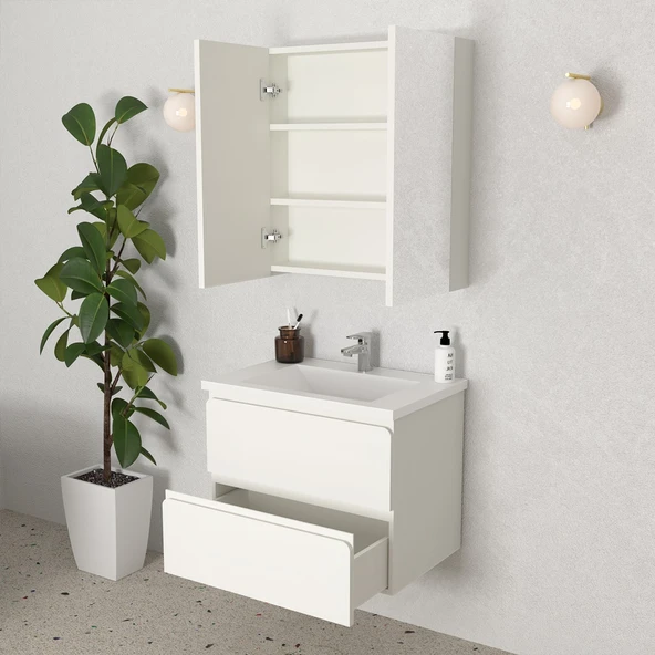 Teta Home Granada 65 cm MDF Gövde Membran Kapak Banyo Dolabı Seti  Beyaz - Resim 2