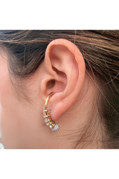 nesdesign Ucu Taşlı Top Detaylı Yay Görünümlü Şık Gold Küpe ürün görseli 1
