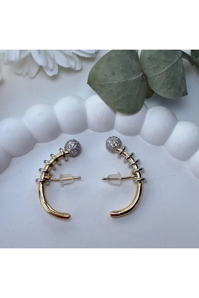 nesdesign Ucu Taşlı Top Detaylı Yay Görünümlü Şık Gold Küpe - Resim 3