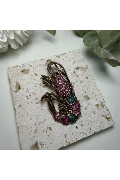 nesdesign Pembe Yeşil Taşlı Istakoz Bronz Broş ürün görseli 1