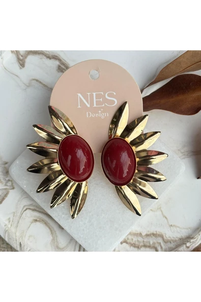 nesdesign Bordo Yarım Çiçek Gold Küpe ürün görseli 1