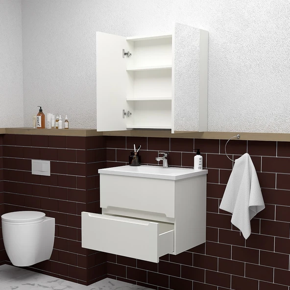 Teta Home Kopenhag 65 cm MDF Gövde Membran Kapak Banyo Dolabı Seti  Beyaz - Resim 2