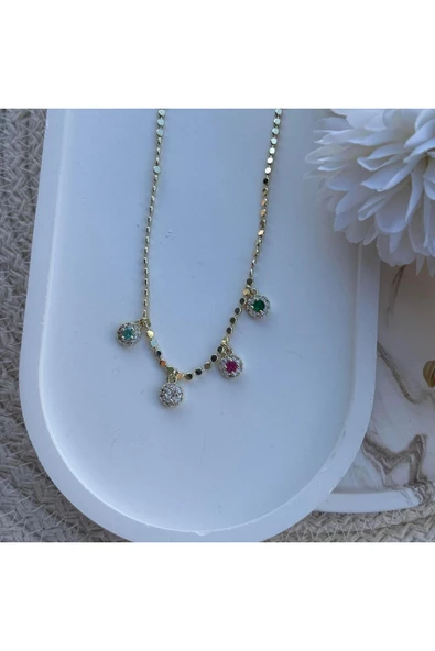 nesdesign Altın Kaplama Yuvarlak Renkli Taşlı Pul Zincir Kolye (50 cm) ürün görseli 1