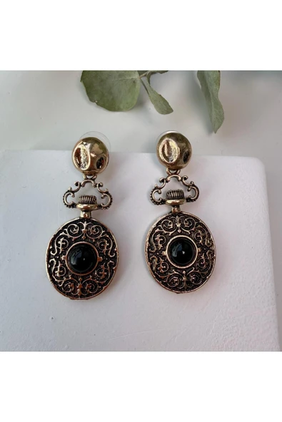 nesdesign Siyah Taşlı Bronz Sallantılı Vintage Küpe - Resim 4