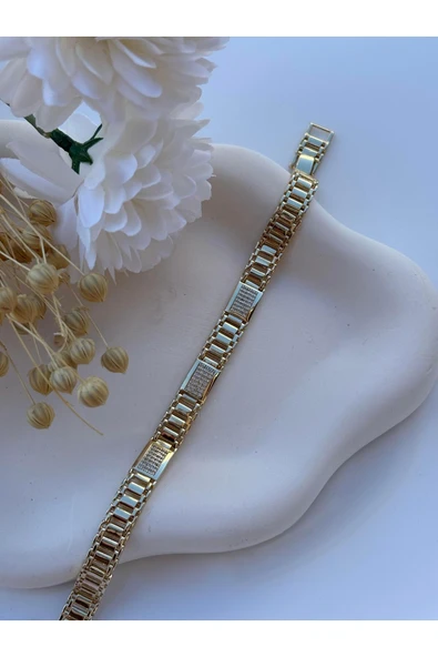 nesdesign 14K Özel Seri Dikdörtgen İçi Taşlı Kalın Zincir Bileklik (17+2 cm) ürün görseli 1