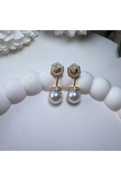 nesdesign Altıgen Taşlı İnci Küpe - Resim 3