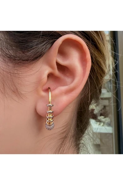 nesdesign Ucu Taşlı Top Detaylı Yay Görünümlü Şık Gold Küpe - Resim 2