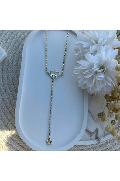 nesdesign Altın Kaplama Ucu Yıldız Göz Figürlü Y kolye (50 cm) - Resim 2