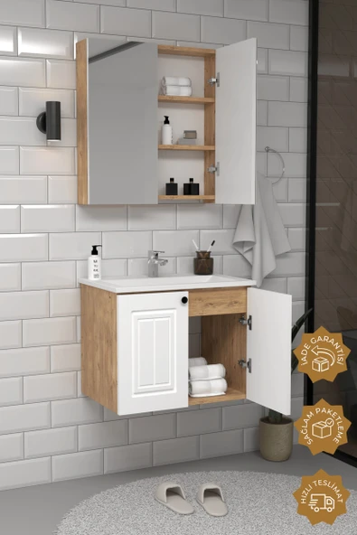 Teta Home Pekin 65 cm MDF Gövde Membran Kapak Banyo Dolabı Seti  Atlantik Çam- Beyaz - Resim 2