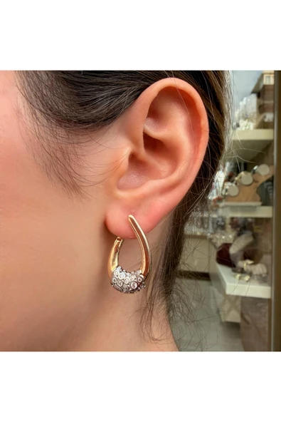 nesdesign Yarım Tur Dönmeli Taşlı Gold Küpe ürün görseli 1