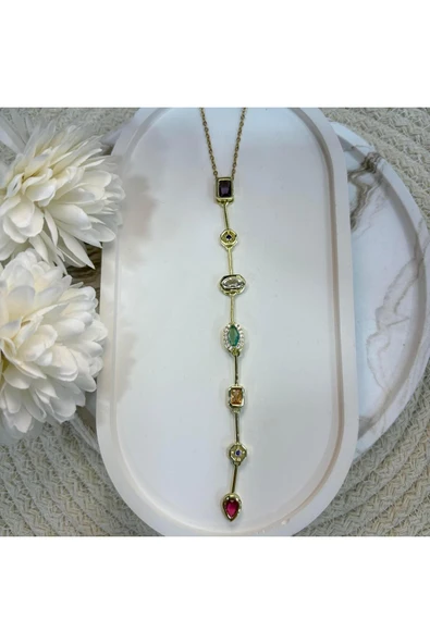 nesdesign Çelik 7 Element Taşlı Renkli Uzun Kolye (47 cm) ürün görseli 1