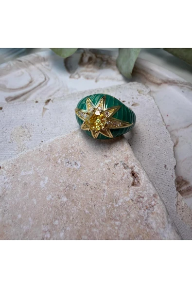 nesdesign Kuzey Yıldızlı Sarı Taşlı Bombeli Yeşil Yüzük - Resim 2