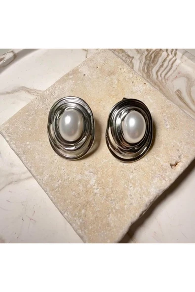 nesdesign Çelik İncili Oval Gümüş Küpe ürün görseli 1