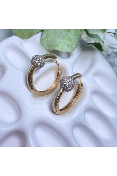 nesdesign Ortası Taşlı Top Detaylı Gold Dokulu Halka Küpe - Resim 2