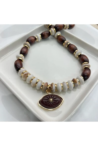 nesdesign Bohem Ahşap Taneli Göz Madalyon Kolye ürün görseli 1