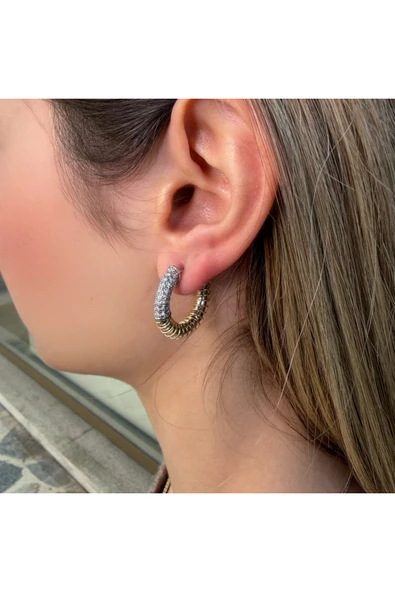 nesdesign Taşlı Gold Yay Detaylı Halka Küpe - Resim 2