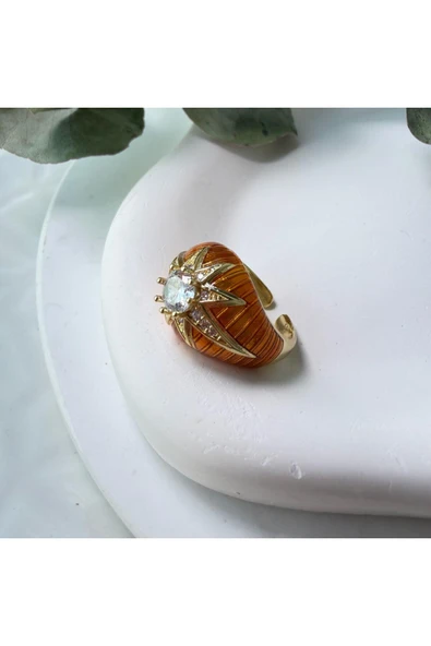 nesdesign Kuzey Yıldızlı Taşlı Turuncu Bombeli Yüzük - Resim 2