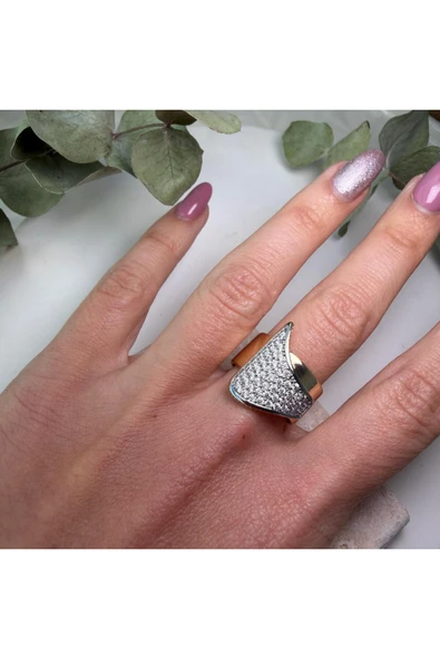 nesdesign Taşlı Asimetrik Plaka Gold Yüzük - Resim 2