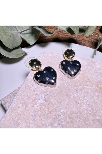 nesdesign Gömülü Taşlı İki Renk Sallantılı Kalp Küpe - Resim 2