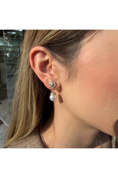 nesdesign Altıgen Taşlı İnci Küpe - Resim 2