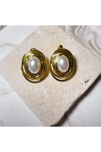 nesdesign Çelik İncili Oval Gold Küpe ürün görseli 1